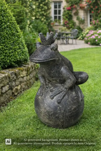 Product image 1 of the product “Frog Prince sitting on ball, approx. 70cm height, cast stone, hollow, handcrafted & coloured ”